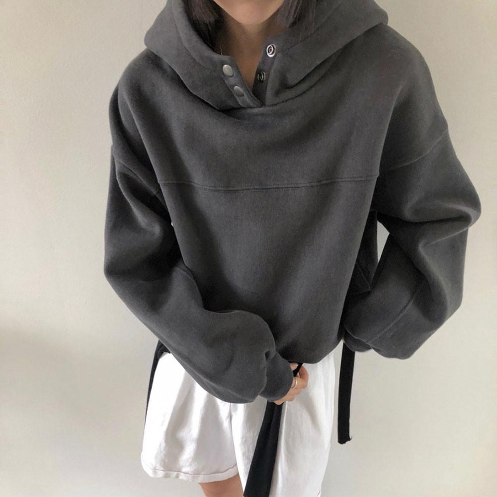 스냅 기모 후드 맨투맨 티 셔츠 여성 무지 루즈핏 트레이닝복