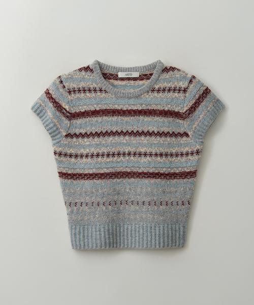 울 스트라이프 반팔 니트_LIGHT GREY