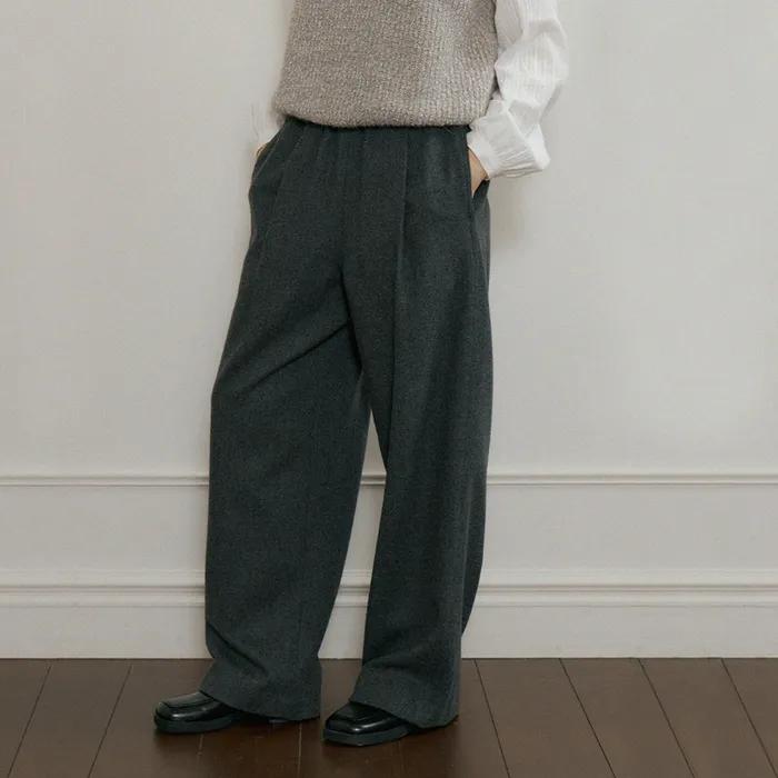 wool blended wide banding pants-charcoal