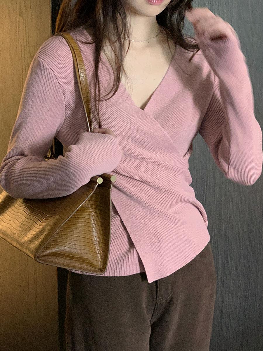 로즈니 울 브이넥 슬림 랩 골지 니트 4color