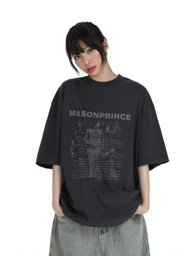 MASONPRINCE 여름 빈티지 워싱 록 라운드넥 반팔 티셔츠 루즈핏 커플룩