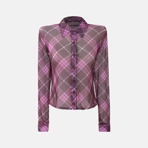 누아브 핑크 체크 시스루 슬림 레이어드 긴팔 셔츠