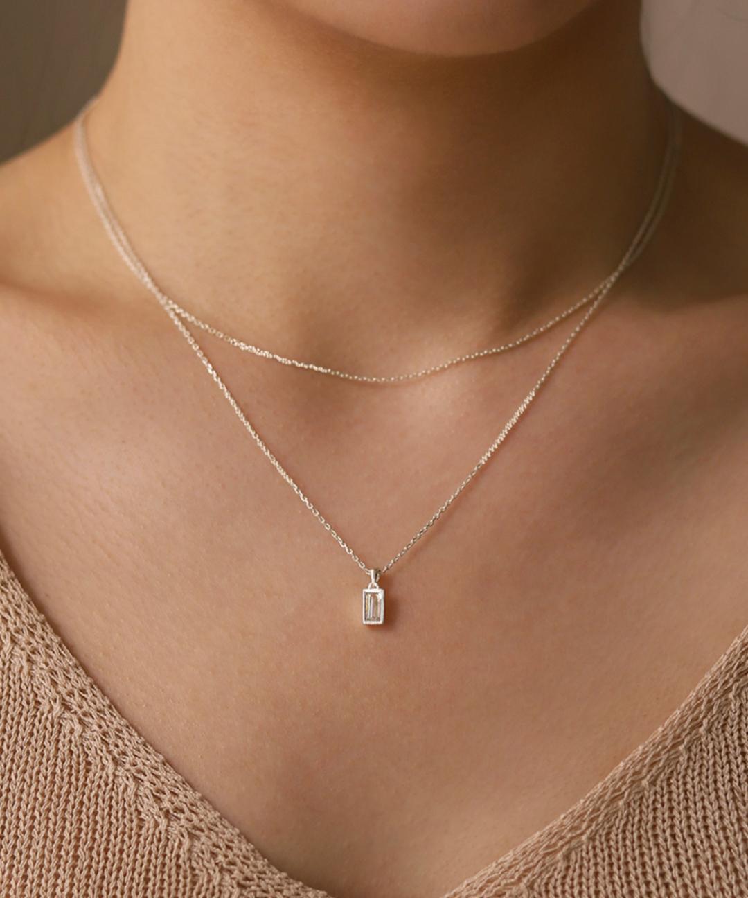 브랜덴 실버925 데일리 사각 큐빅 두줄 레이어드 체인 실 은 목걸이