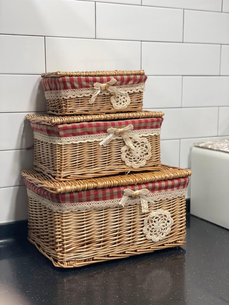 귀여운 레드 체크 뚜껑 덮개 사각 수납 바구니 3p 세트 소풍 나들이 차박 캠핑 바스켓 적재 가능