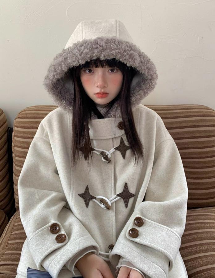 Hey Shan 스타 패치 후드 패딩 코트 (그레이 베이지)