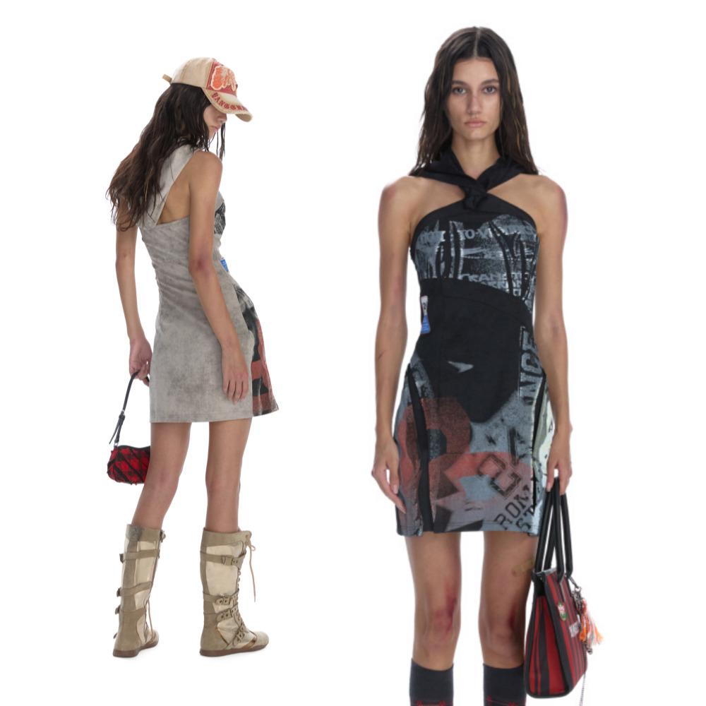 24ANS 원피스 홀터넥 후드 슬림 레터링 프린트 미니 원피스