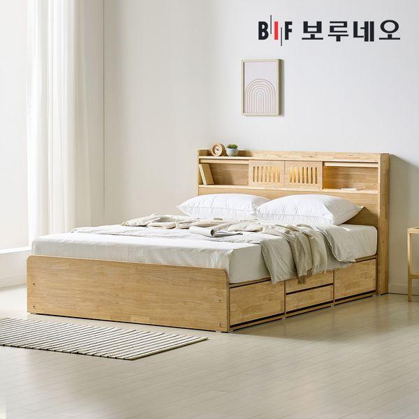 젬마Po 4서랍 고무나무 원목 침대 LED 수납 프레임 Q
