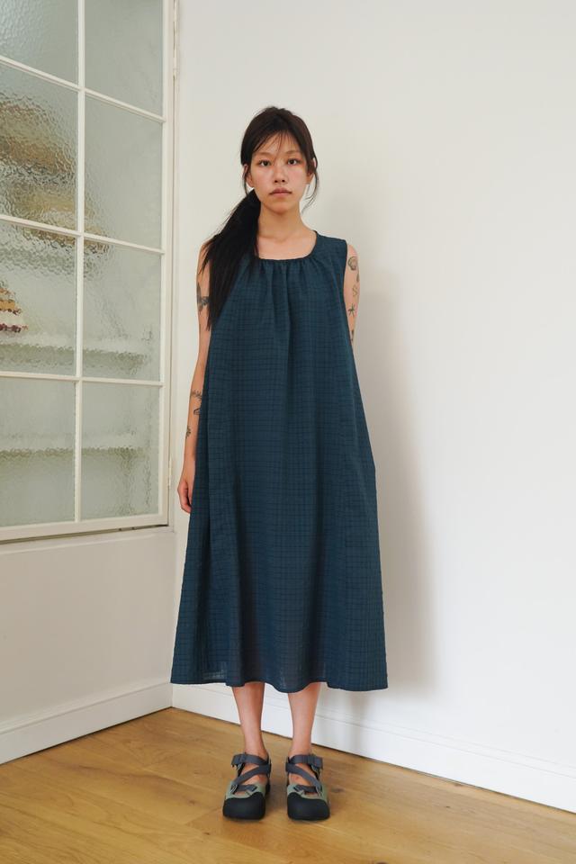NECK SHIRRING DRESS - DEEP BLUE GREEN