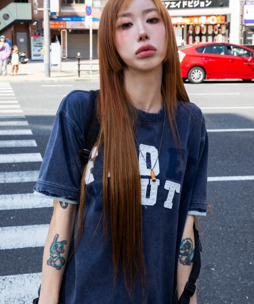 XF014 아치 아플리케 데미지 워싱 티셔츠 (NAVY)