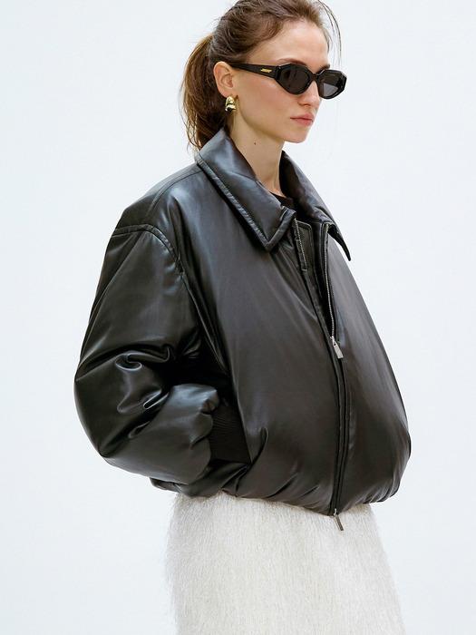 CROPPED FAUX LEATHER GOOSE DOWN PUFFER_BLACK