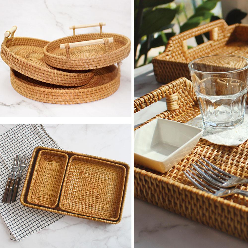 라탄 트레이 바구니 모음 카페 수납함 정리함 보관함 원형/사각 손잡이 바스켓