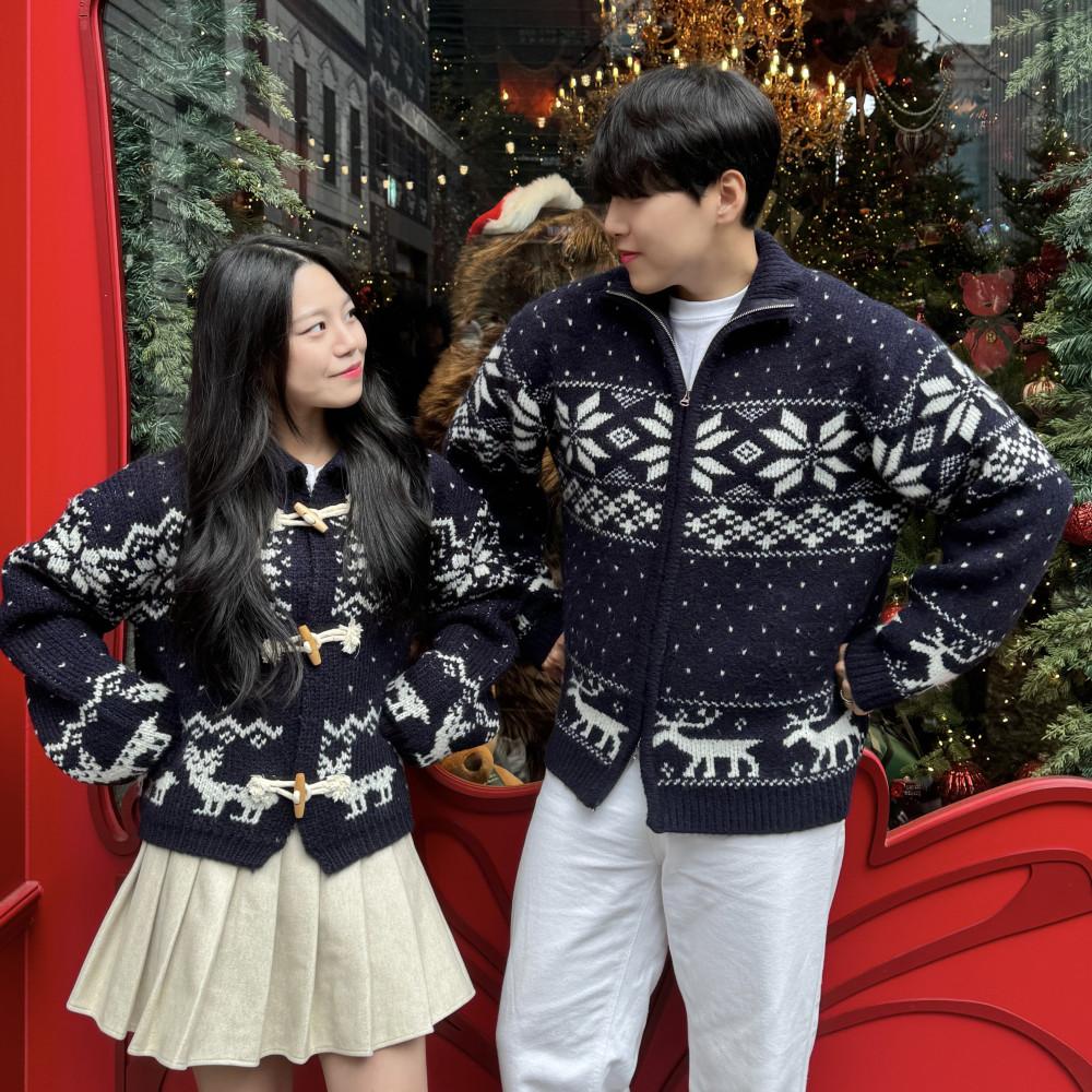 크리스마스 겨울 눈꽃 노르딕 니트 더플 카라 자켓 집업 사슴 커플 시밀러룩
