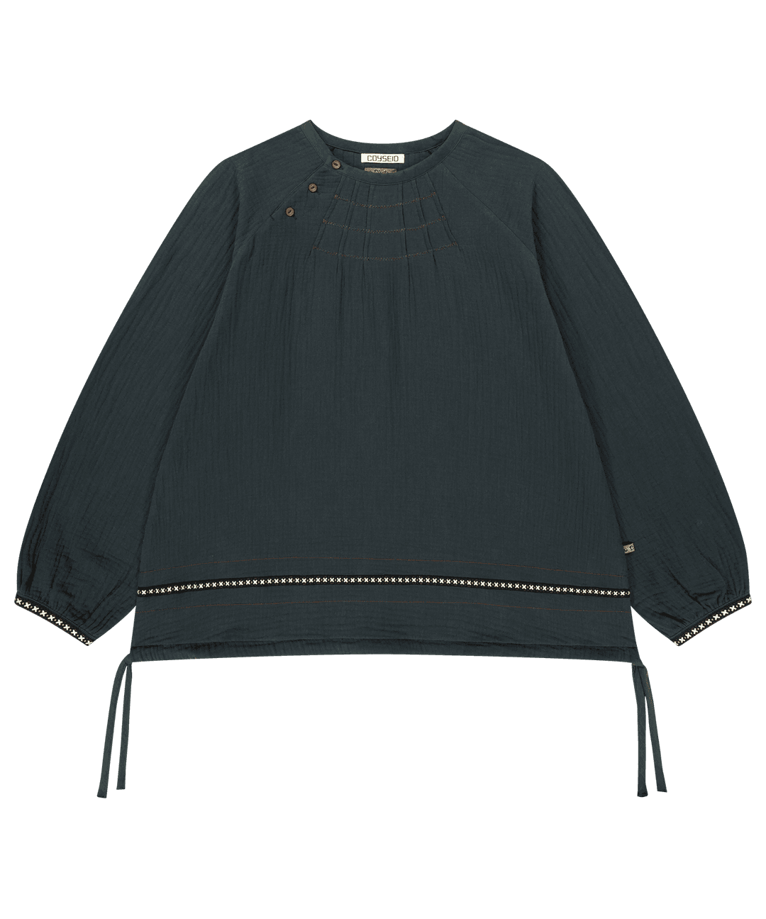 COYSEIO X BLYTHE ZIGZAG PINTUCK BLOUSE BLUE CHARCOAL