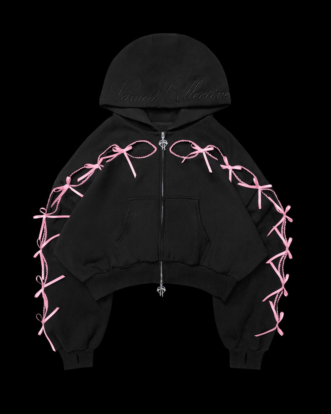 PRINC355 RIBBON CROP ZIP HOODIE BLACK - XS