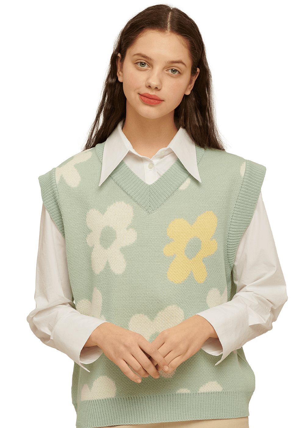 *Flower V Neck Knit Vest [PASTEL BLUE]