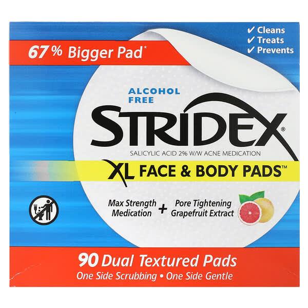 Stridex, XL Face & Body Pads, 알코올 무함유, 듀얼 텍스처 패드 90매
