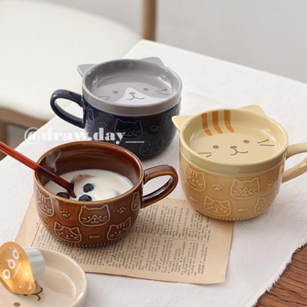 드로우데이 고양이 뚜겅 머그컵 캣 고슴도치 야옹이 동물 머그 컵 앤 소서 글라스 세트