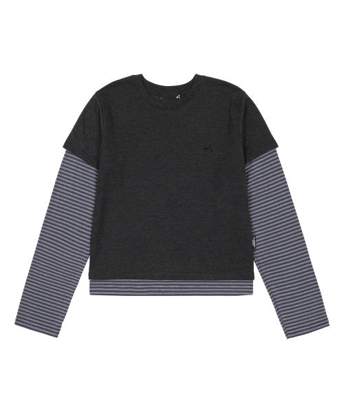 레이어드 스트라이프 크롭 티셔츠 차콜