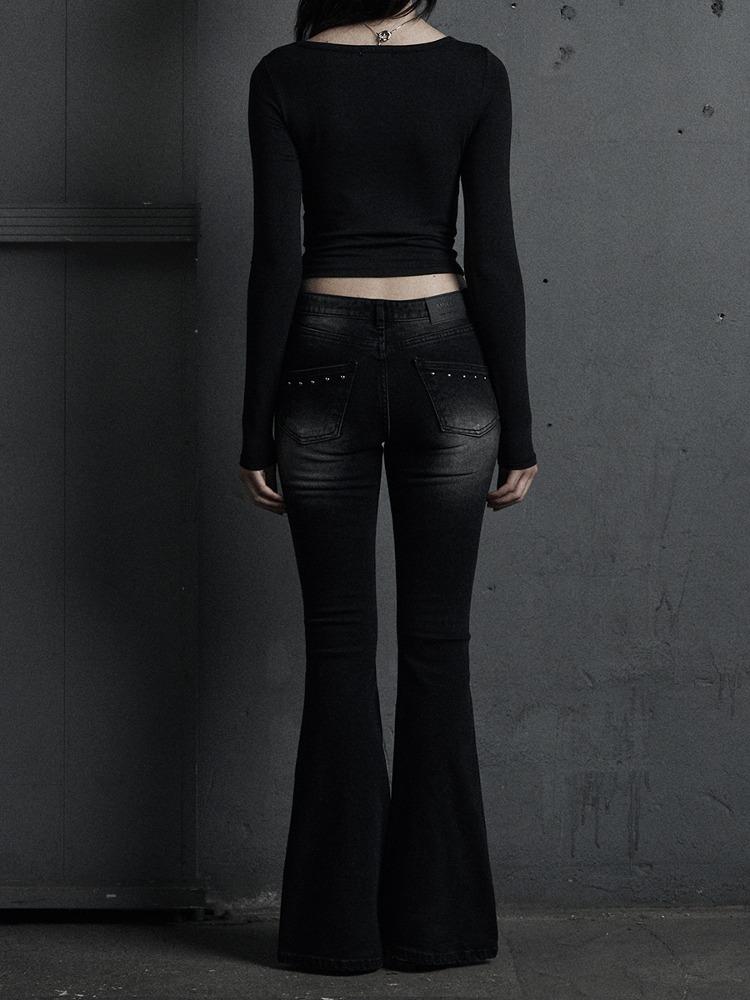 [mnem] black stud low bootcut denim