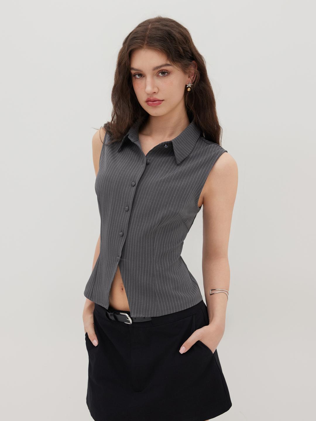 Collar Stripe Button Through Tank Top