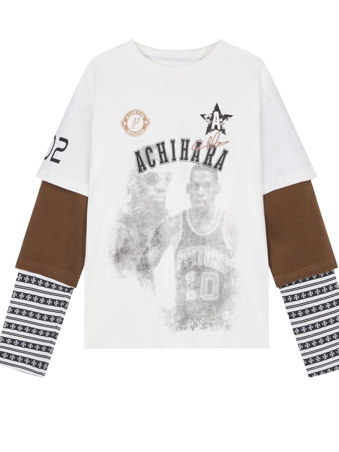 Spring Loose Fit Graphic Embroidery Multi-Layer Cuff Long Sleeve T-Shirt
