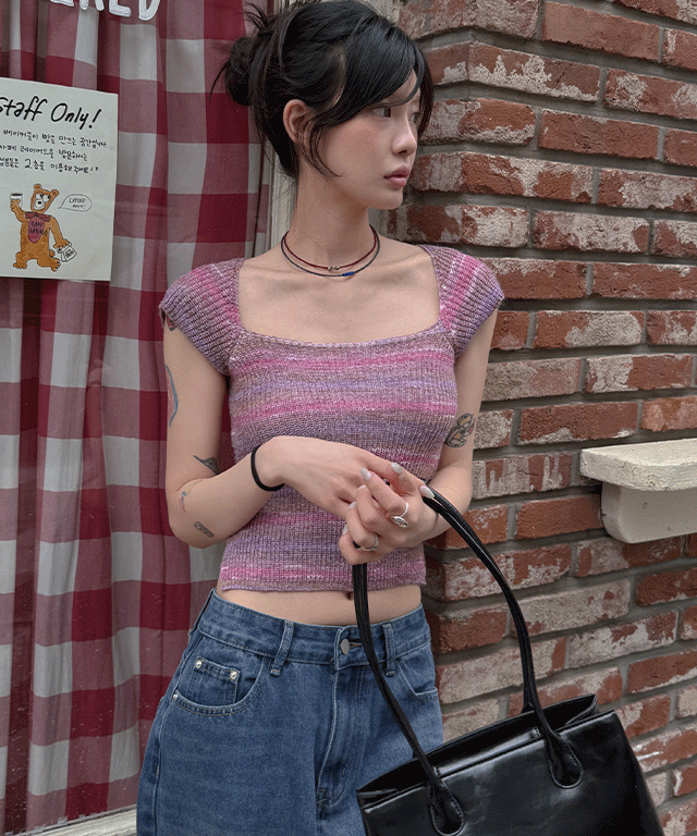 니스휴 [1천장돌파] 루시 그라데이션 크롭 니트 1color / 여름 썸머 봄 반팔 스퀘어넥 캡소매 스트라이프 단가라 레이어드 와플 뒷트임 백리본 배색 슬림 하찌 knit 여리핏 빈티지