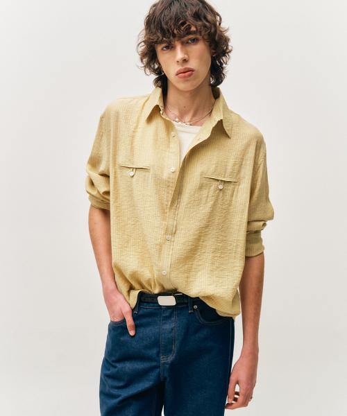 웨이브 스트라이프 루즈핏 셔츠 (옐로우)