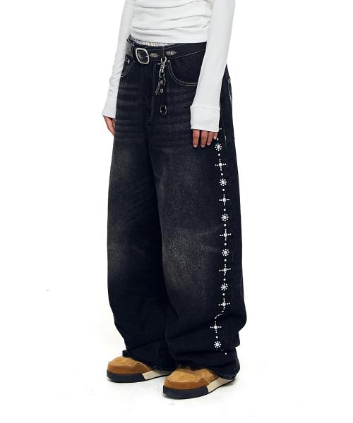 Side Rhinestone Denim Pants (Black)