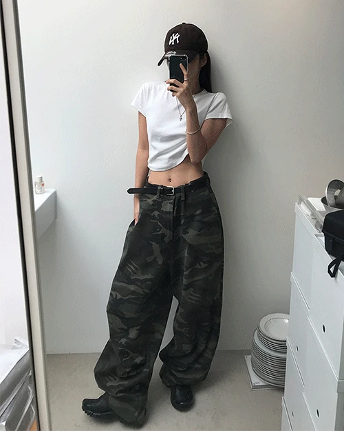[unisex] 카모 스냅 코튼 와이드 팬츠