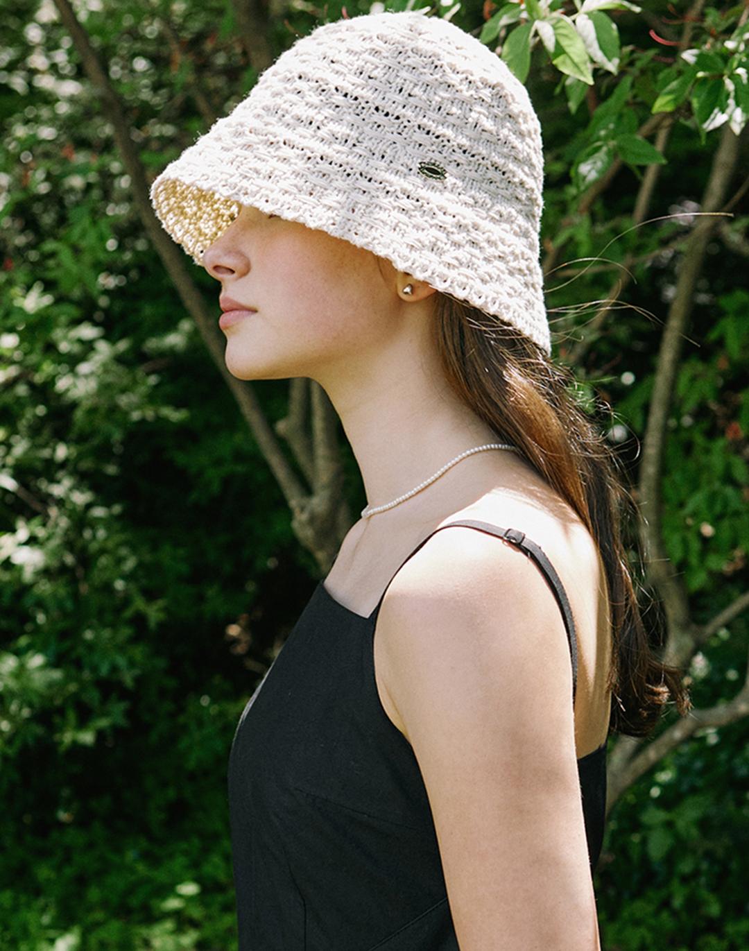 Crochet Knit Bonnet Hat - Light Beige