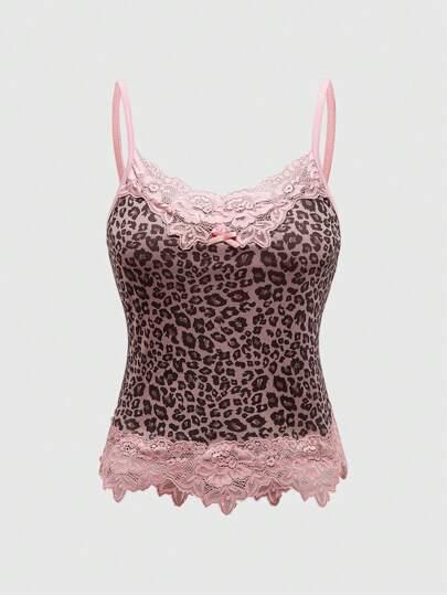 ROMWE J-Fashion 색상 대비가있는 섹시한 여성 표범 프린트 레이스 트림 리본 디테일 노트 넷 패브릭 신축성 있는 캐미솔 탑