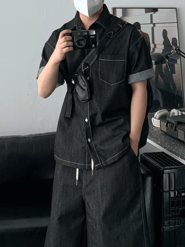 슬로건 논페이드 데님 반팔 셔츠