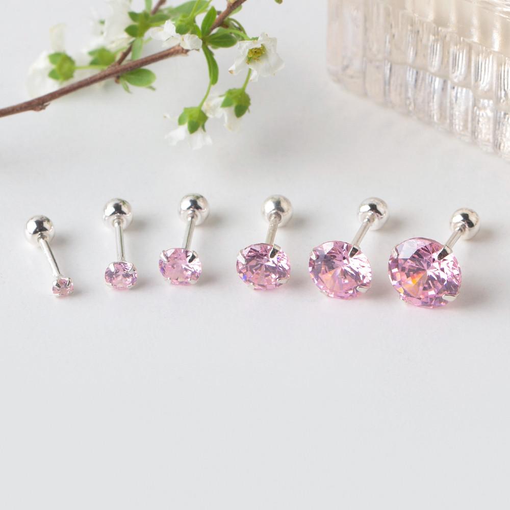 [925실버] 핑크 라운드 큐빅 피어싱 얇은침