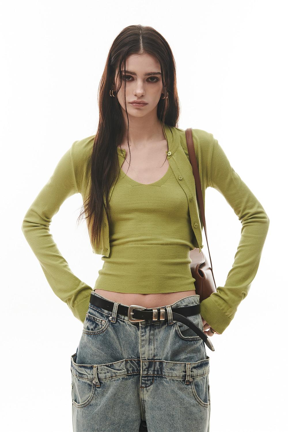 Duo Halter Cardigan Knit Set [OLIVE]