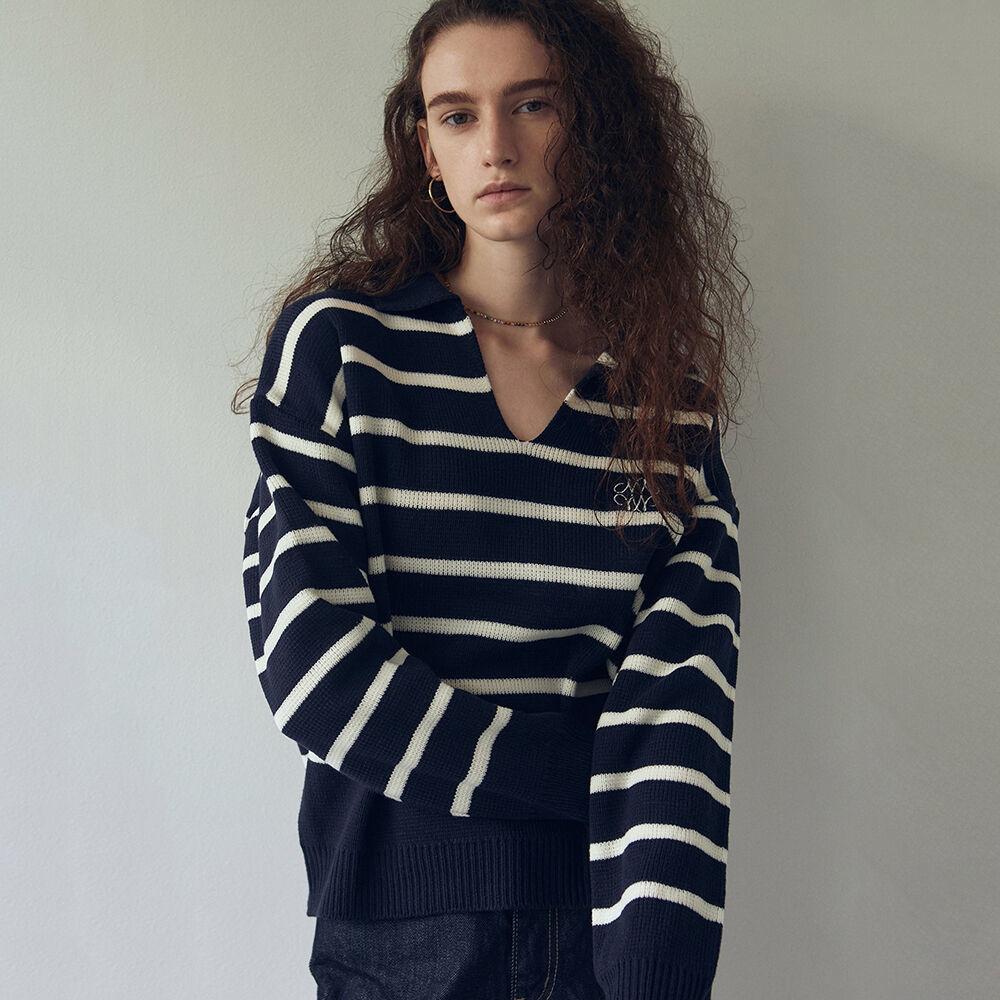 NICOLE OPEN COLLAR STRIPE KNIT_NAVY