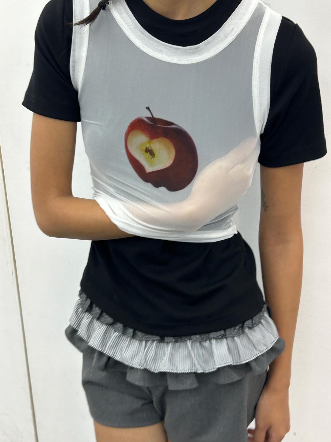 OINIMI 사과 프린트 망사조끼 레이어드 시스루 베스트