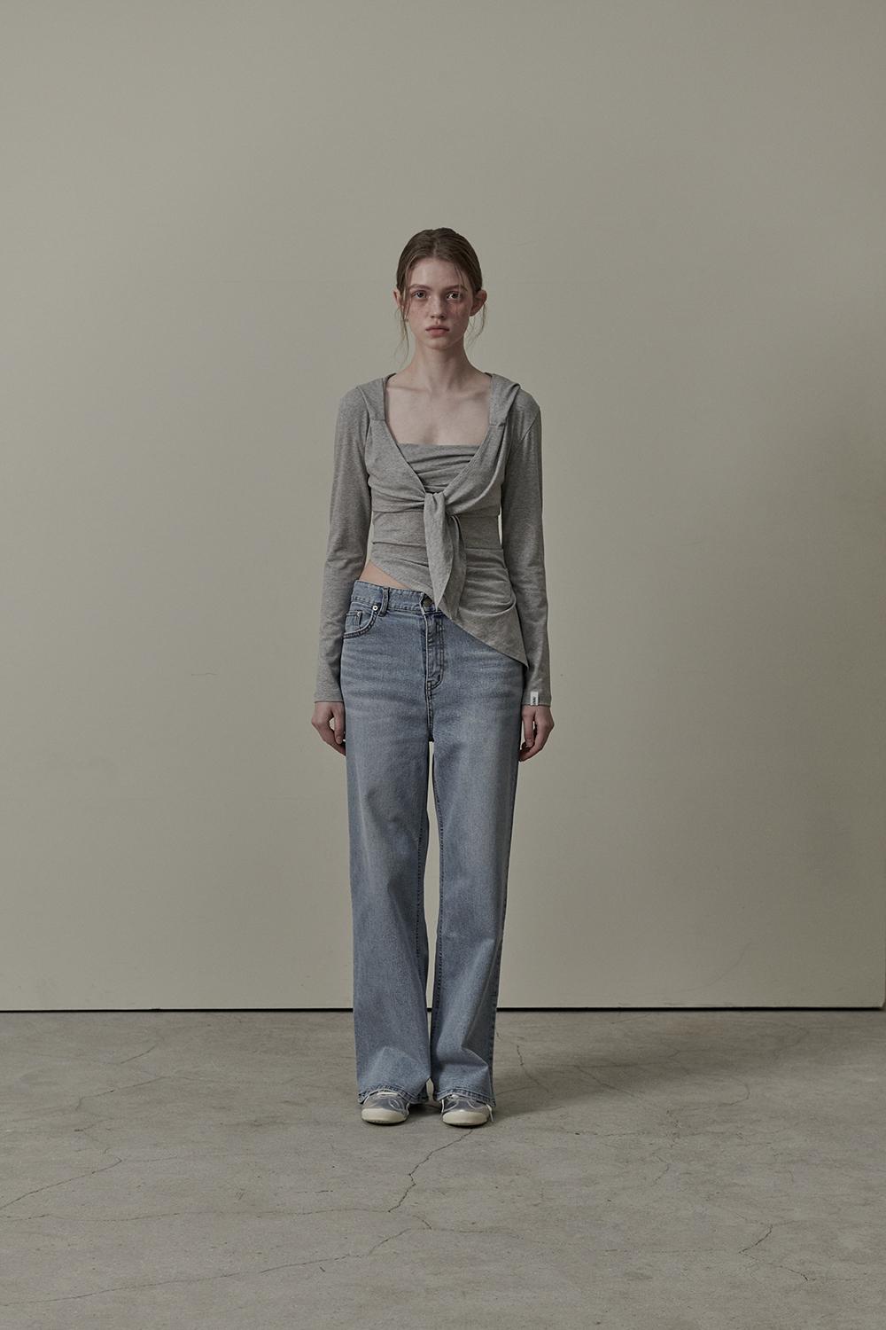[키스오브라이프 나띠 착용] Ribbon hoodie cardigan & shirring sleeveless top set - Melange grey