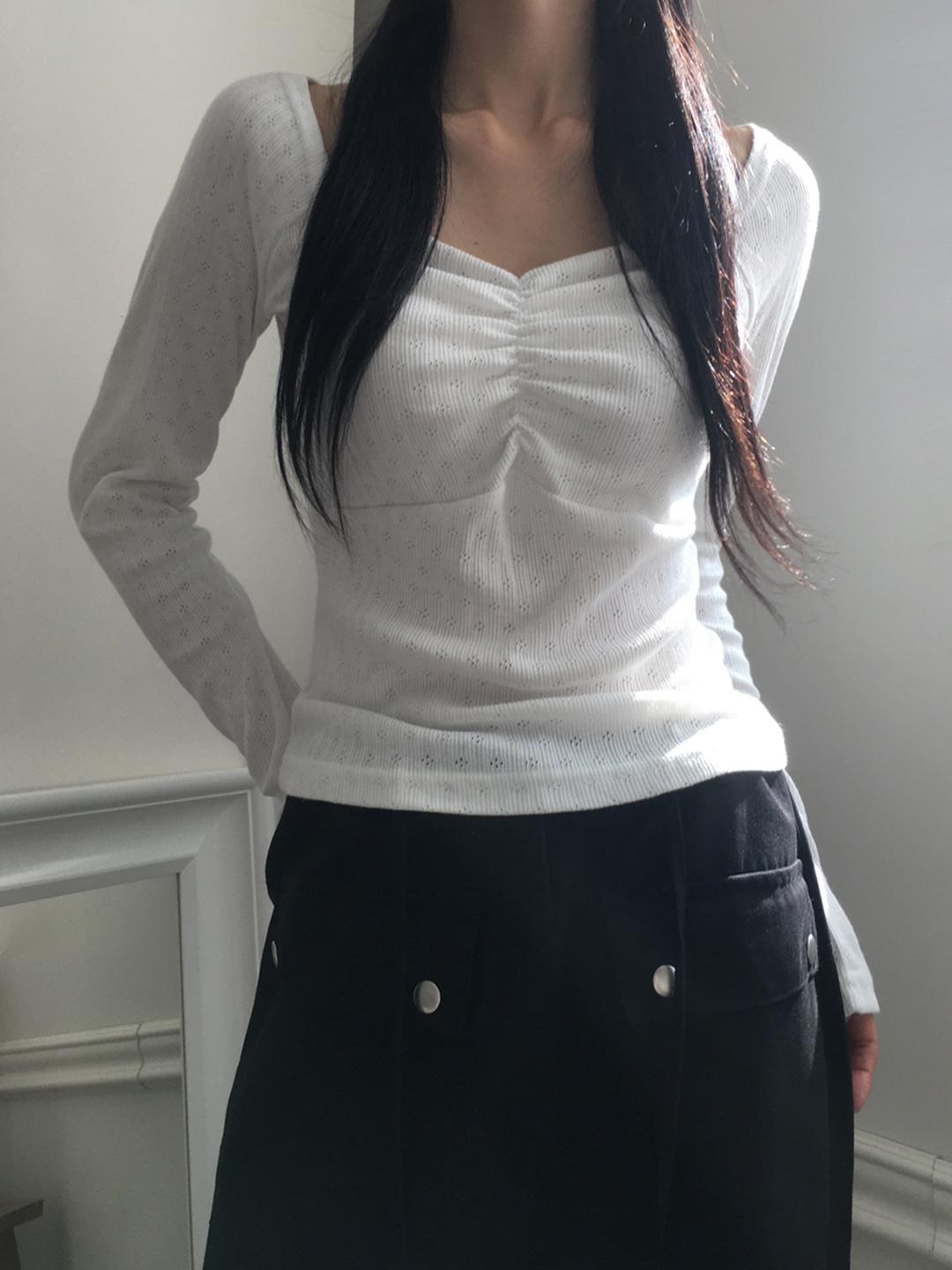 Punching shirring T (Ivory, gray, black)