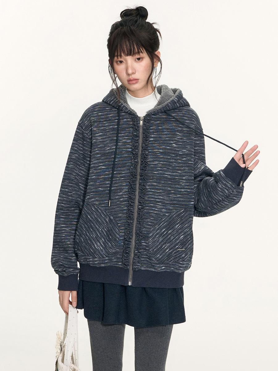 TAKEANAP Striped Cozy Wood Ear Zip-Up Hoodie (2color)