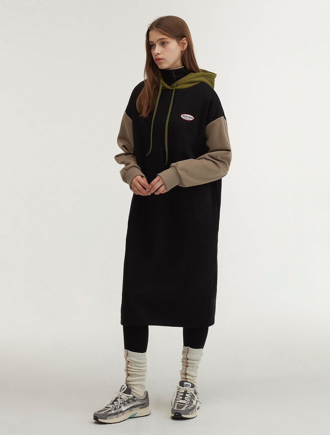 후드 롱저지 기모 원피스 블랙