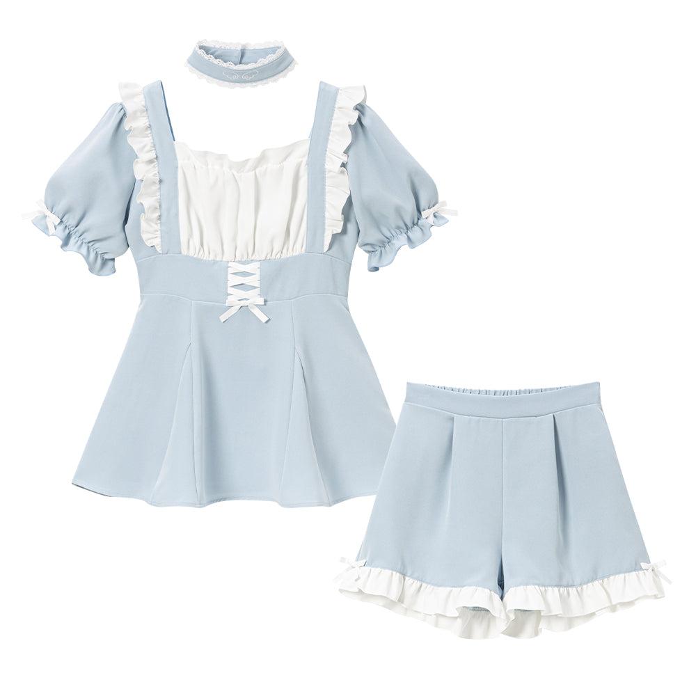 羽根チョーカーレースアップ半袖セットアップ - サックス / S