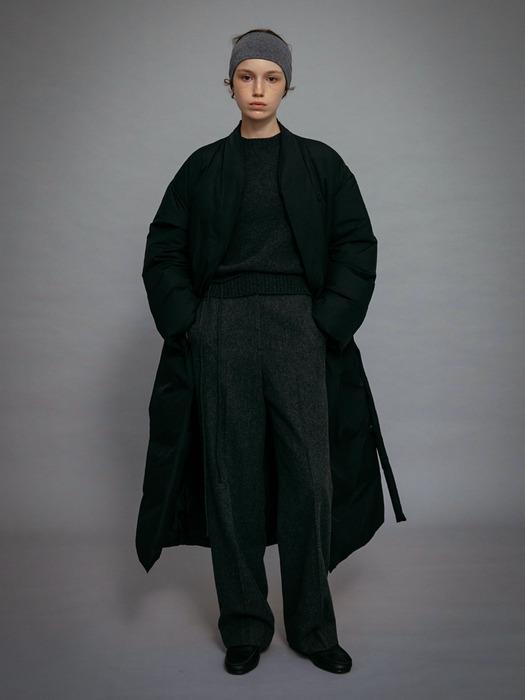 GOOSE DOWN COLLARLESS BELTED LONG COAT - BLACK