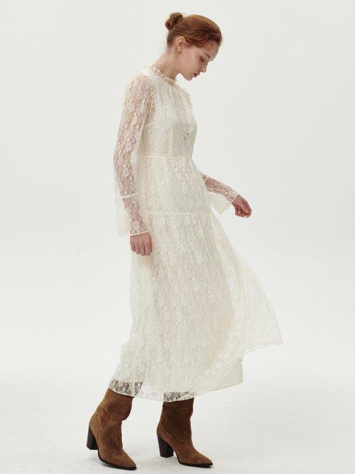 ALL LACE SHIRRING DRESS_IVORY