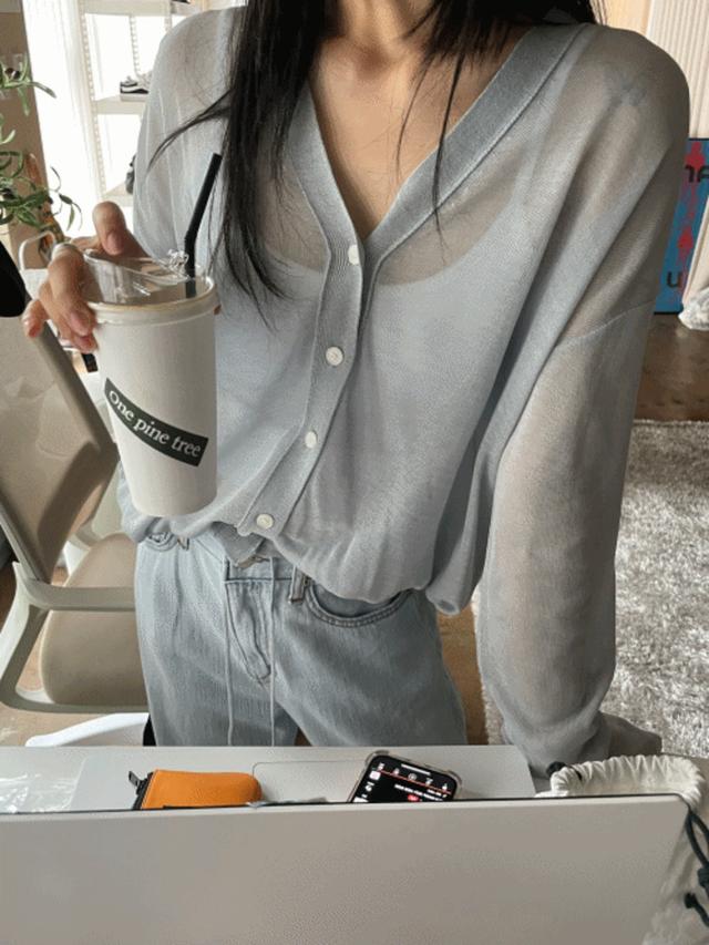 스트링 여성 썸머 브이넥 시스루 얇은 긴팔 가디건