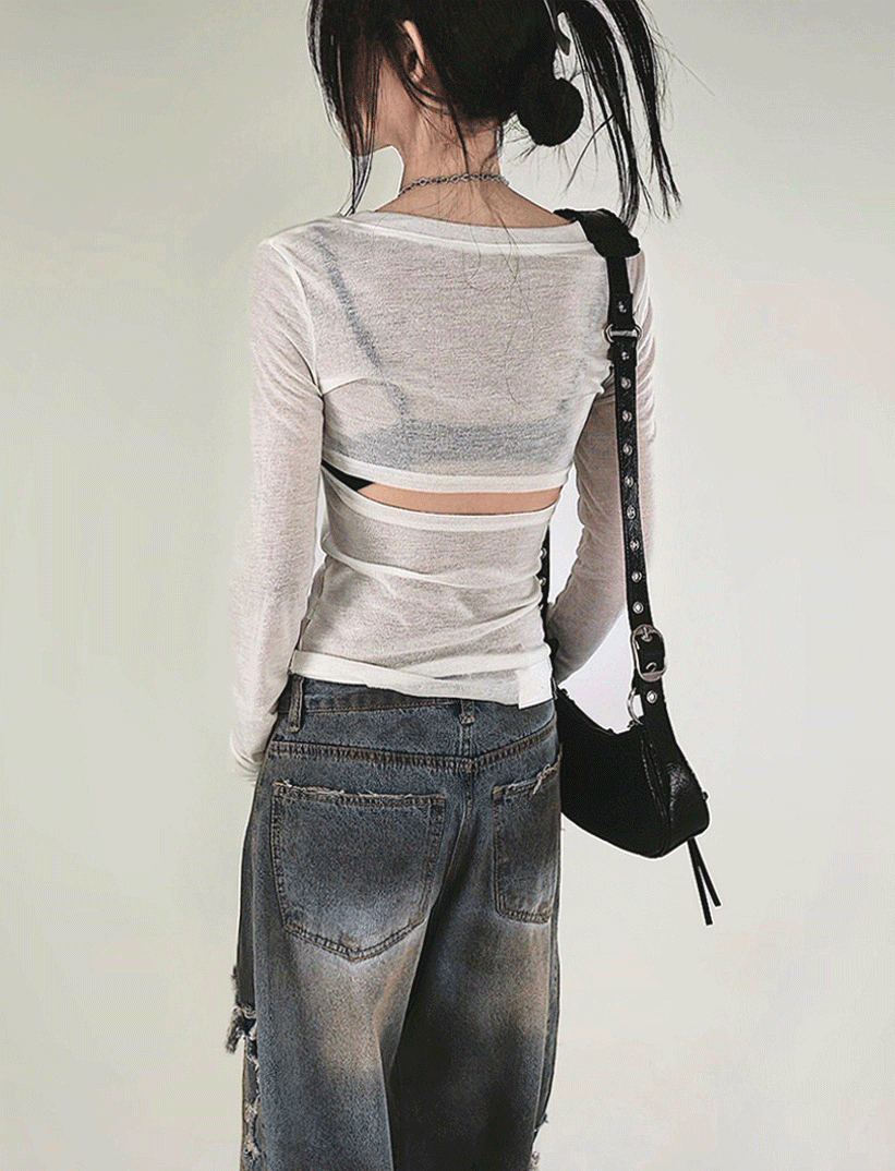 MOVE SEE-THROUGH BACK CUT-OUT  V-NECK HALF TEE 무브 시스루 백 컷아웃 등파임 V넥 하프티 (3COLORS)