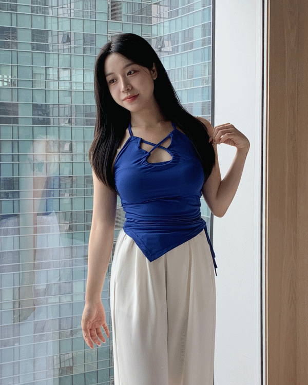 [무료배송]워터밤 엑스 홀터넥 리본 사선 셔링 수영 탑 나시 2color