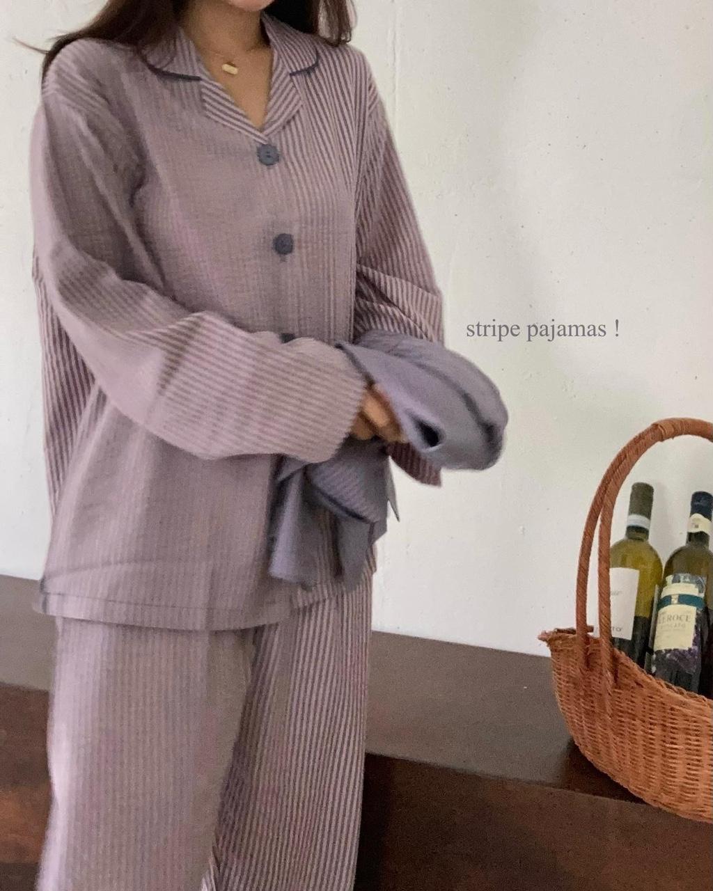 [백화점,커플]2xl 바이올렛 스트라이프파자마 신혼잠옷 얇은원단 부드러운홈웨어 77사이즈