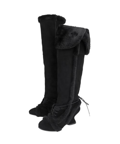 Asym Shearling Wedge Boot / Black