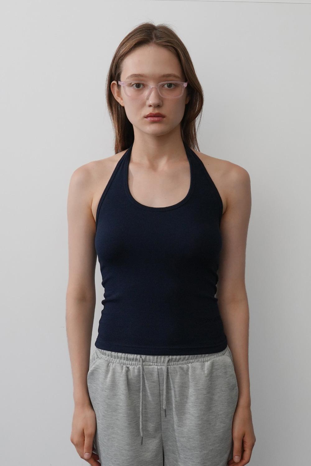 Logo Halter Tank Top-Navy