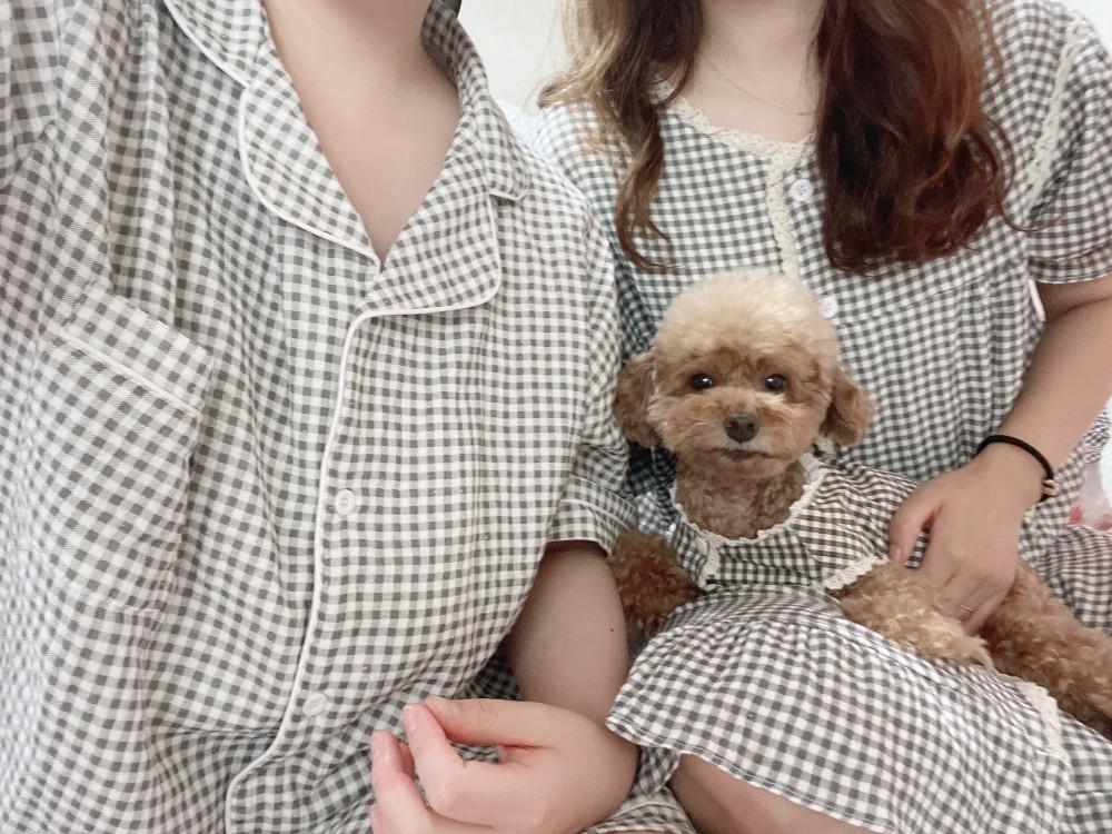 (찰리셋-커플룩) 갬성체크 강아지 나시 여름옷 민소매 체크 파자마 홈웨어 강아지 잠옷